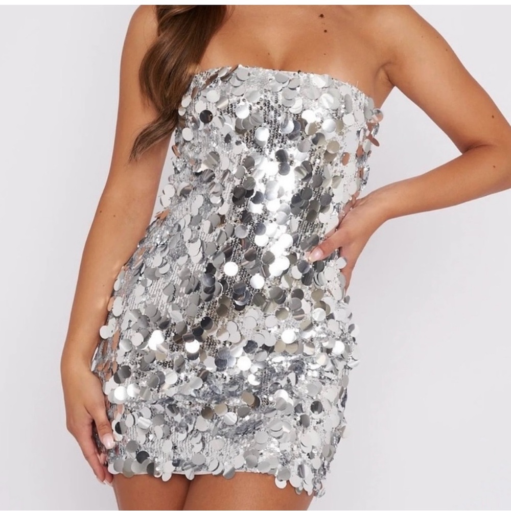 Silver Sequin Strapless Mini Dress